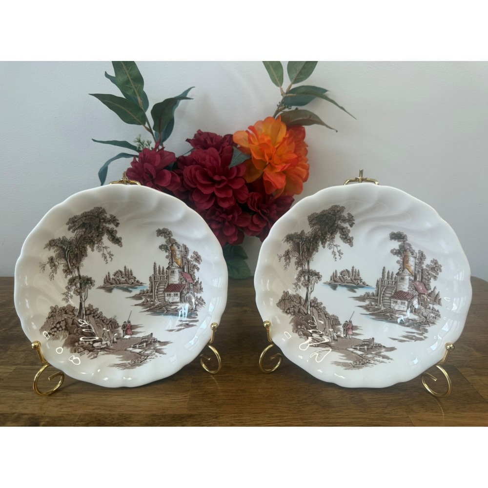 Vintage Johnson Brothers The Old Mill Serving Bowls‎ Brown Transferware Pair MCM